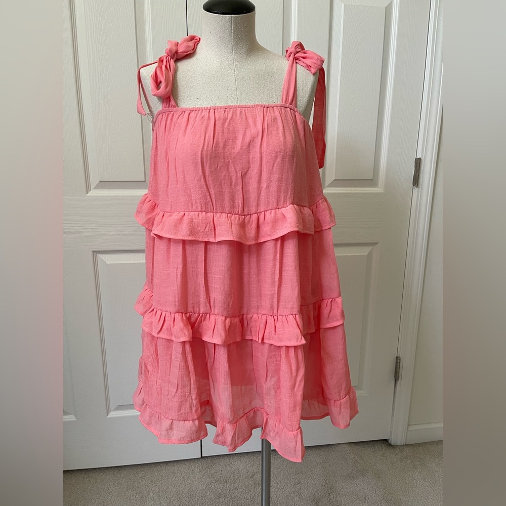 HYFVE Coral Ruffle Tier Tie Dress Size Small, Fully Lined-New, Never Worn